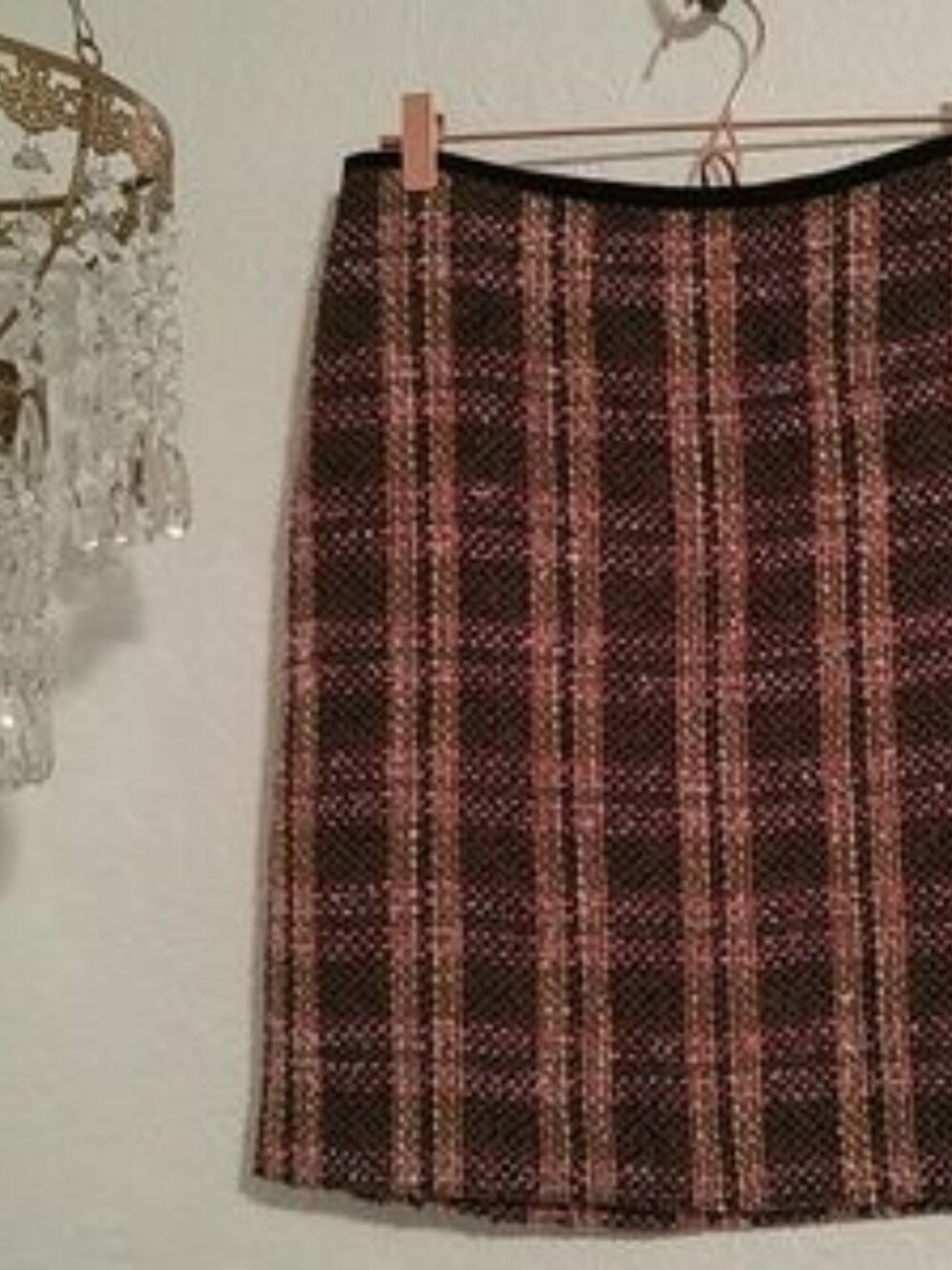 Versailles SZ 6P Velvet Ribbon Waistband Side Zip Woven Brown Pink Pencil Skirt